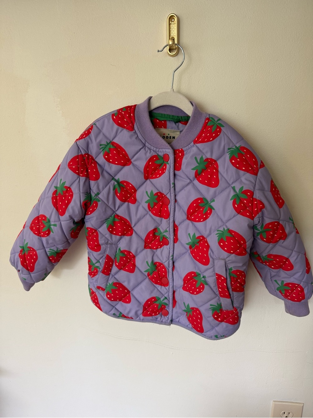 Mini Boden Strawberry Quilted Puffer Jacket - Purple & Red